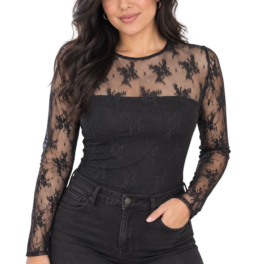 Abercrombie Black Lace Long Sleeve Bodysuit Small Sheer Mesh